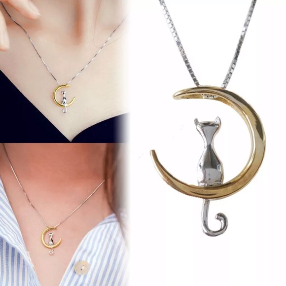 3/$30 Cat Moon Zinc Alloy Pendant Necklace - Picture 2 of 2